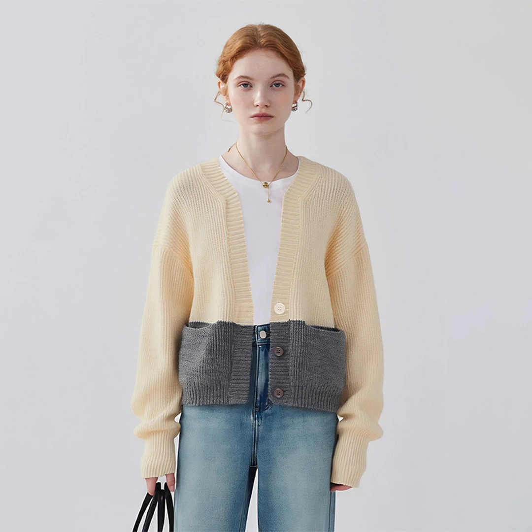 撞色设计感！秋冬百搭松弛感叠穿毛衣拼接坑条针织开衫女