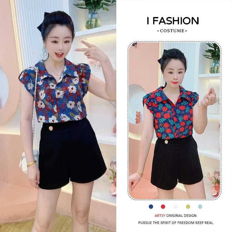 小众设计感碎花polo领衬衫女2025年夏季新款百搭无袖宽松时尚上衣