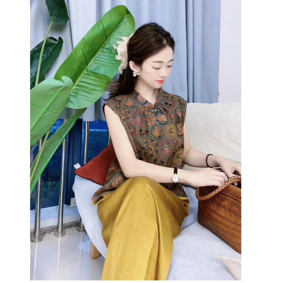 《路路推荐》断码清减龄款花萝100桑蚕丝夏季新中式女装上衣l211