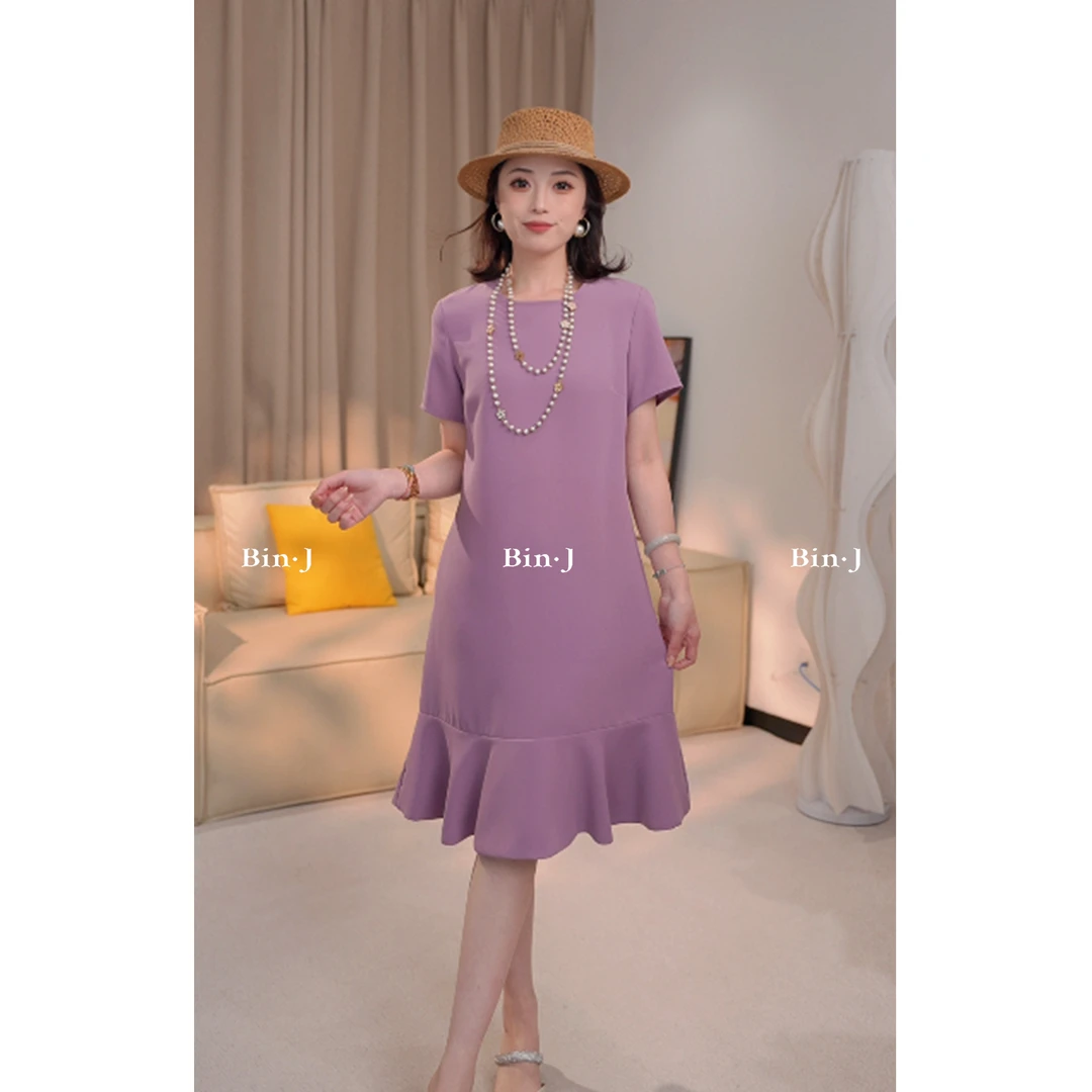BinJie“南法假日”2025夏季新款圆领高级气质鱼尾显瘦连衣裙LYQ070
