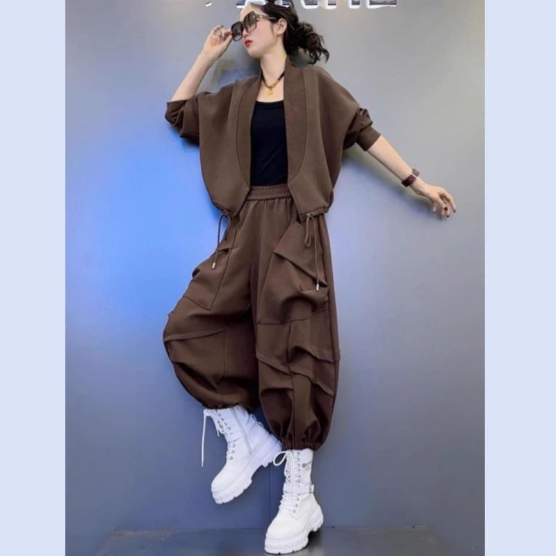 大码欧货时尚套装春秋新款V领抽绳短外套+哈伦灯笼九分裤两件套潮