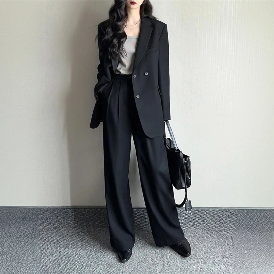 2025春装大码女装职业工装西装套装微胖mm黑色显瘦遮肉长裤两件套