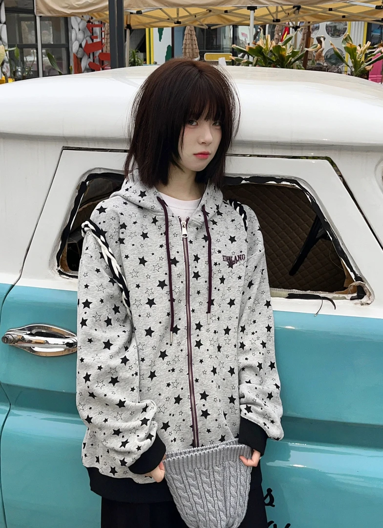 【黑白星】轻亚风！！美式复古y2k满印星星连帽卫衣开衫小众