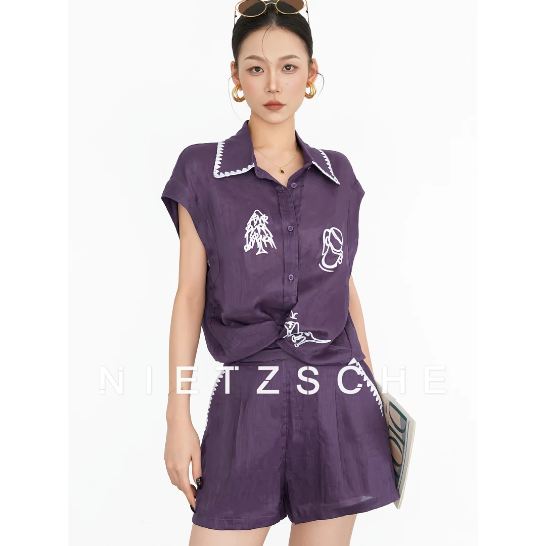 Nietzsche｜紫调刺绣套装｜1oo%苎麻 重磅卡通刺绣两件套装71036