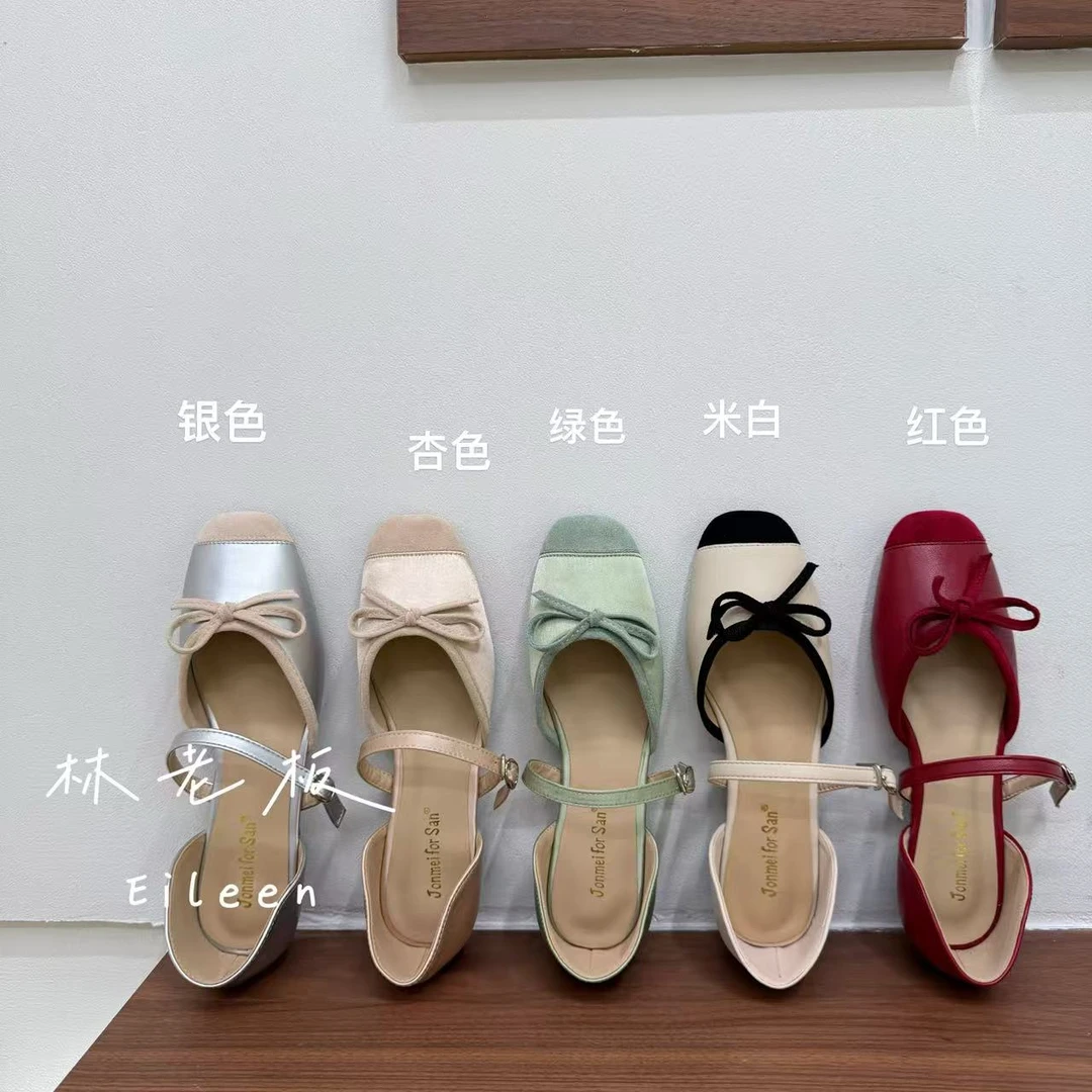 法式温柔蝴蝶结拼色一字带中空方头浅口甜美低跟女凉鞋夏季