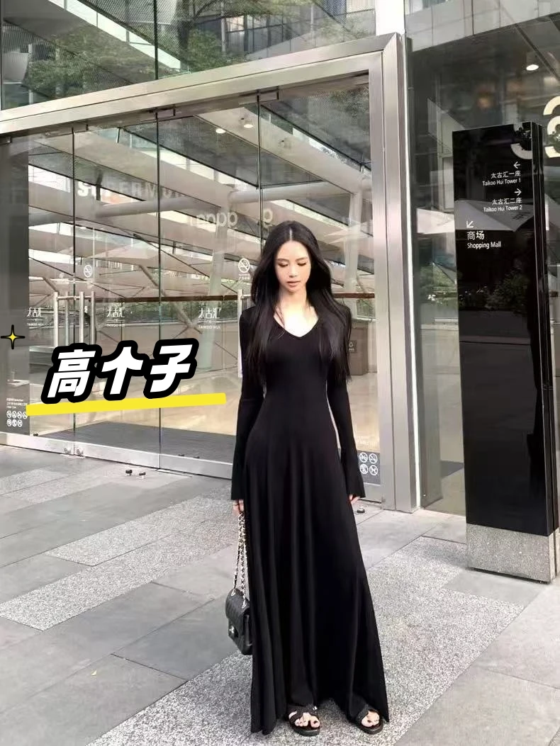 裙长141高个子超长V领微喇袖连衣裙春秋冬加长优雅修身收腰长裙