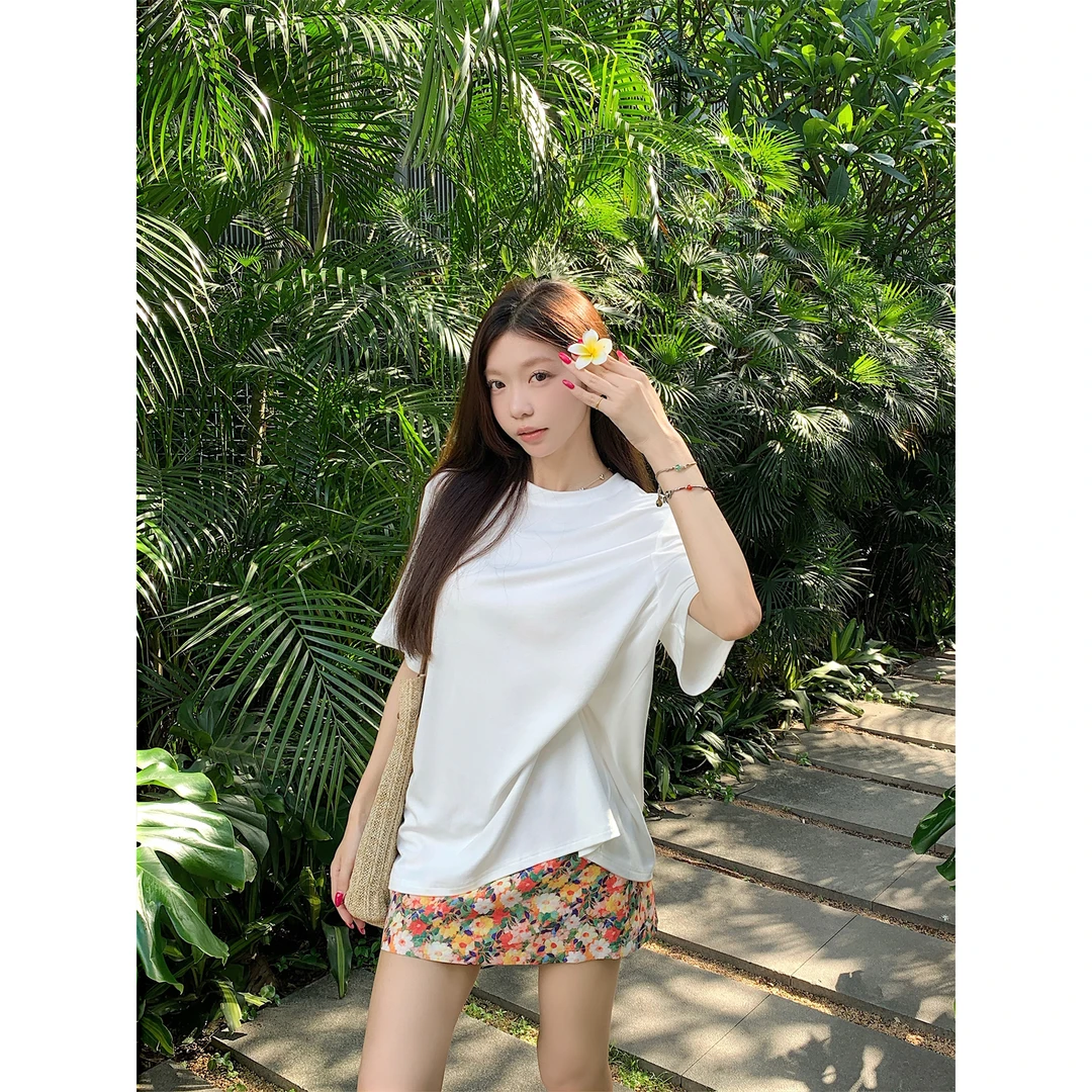 【繁花】纯色简约显瘦休闲圆领短袖+撞色半身裙防走光短裙 8854#