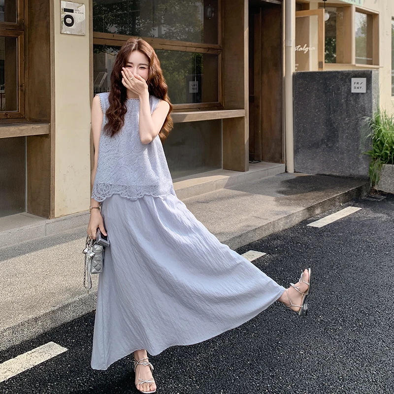大方得体穿搭甜美漂亮套装女2025夏新款蕾丝蓝色背心半身裙两件套