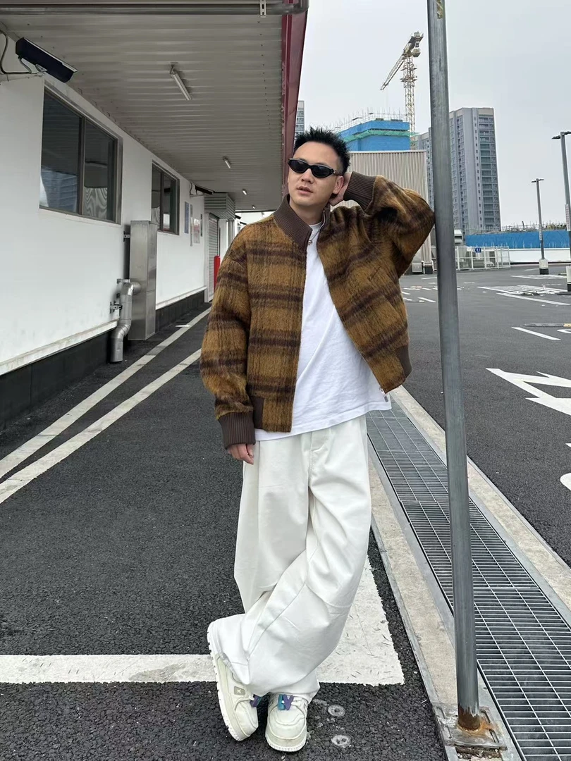 25冬季新款纯手工高端进口绵羊毛拼色格子设计感男羊绒外套M811