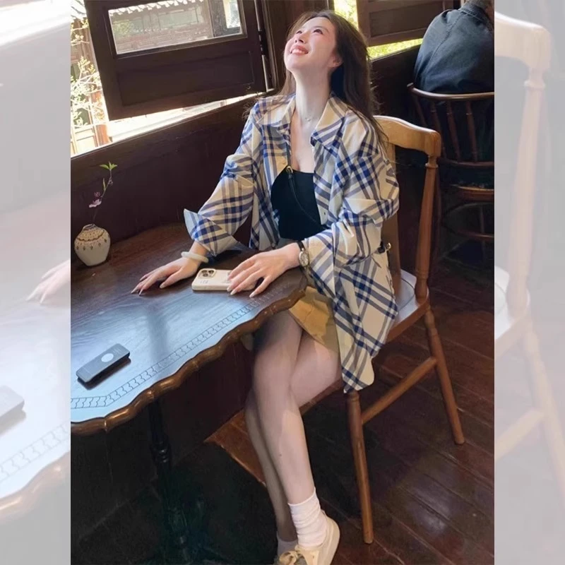 芯娇晴美式复古撞色格子Polo领防晒衬衫女夏季外搭宽松开衫上衣薄