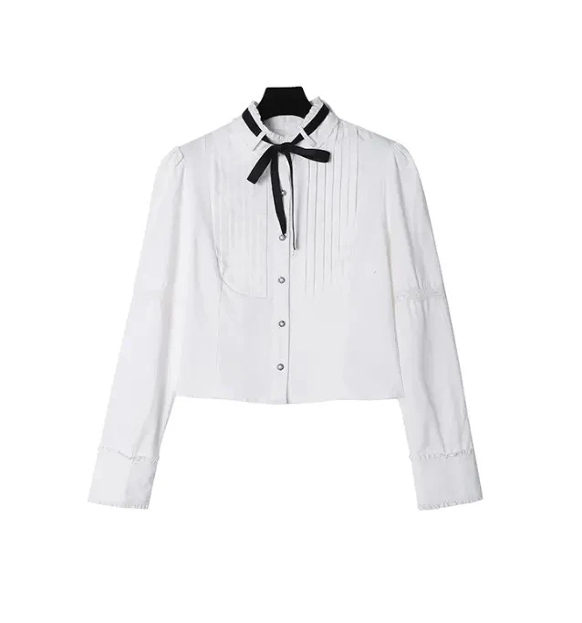 CELLENDI早春花边织带撞色压褶立领棉质衬衫22097