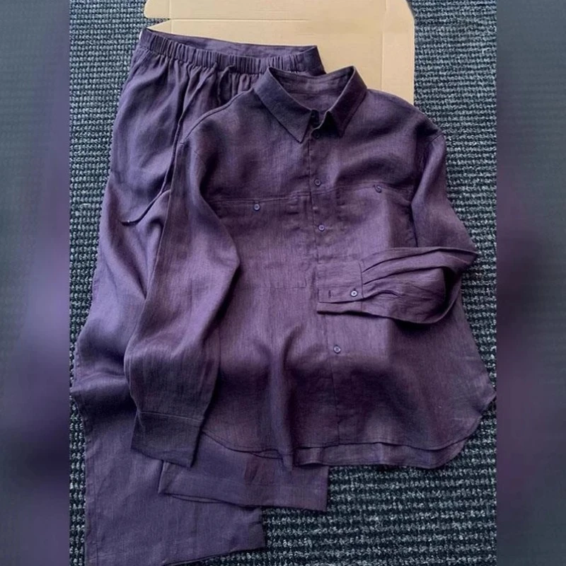 特大码300斤复古休闲老钱风两件套装初秋男女长袖翻领衬衫休闲裤