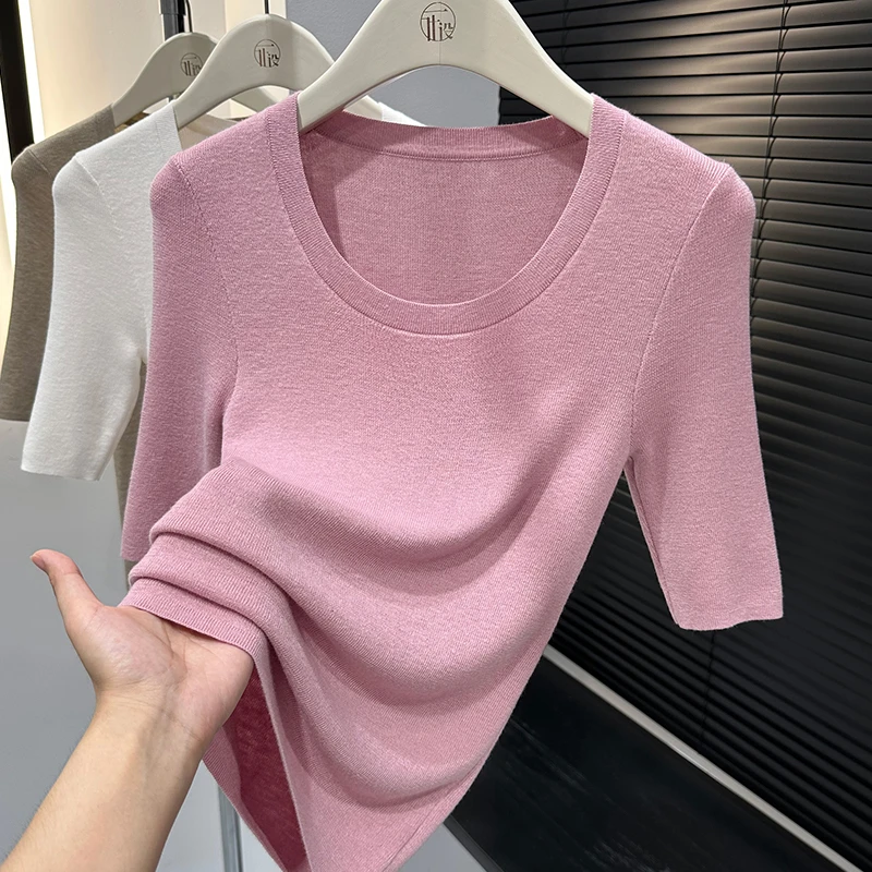 甜美粉色减龄轻薄透气T恤2025夏季新款圆领中袖内搭薄款打底上衣