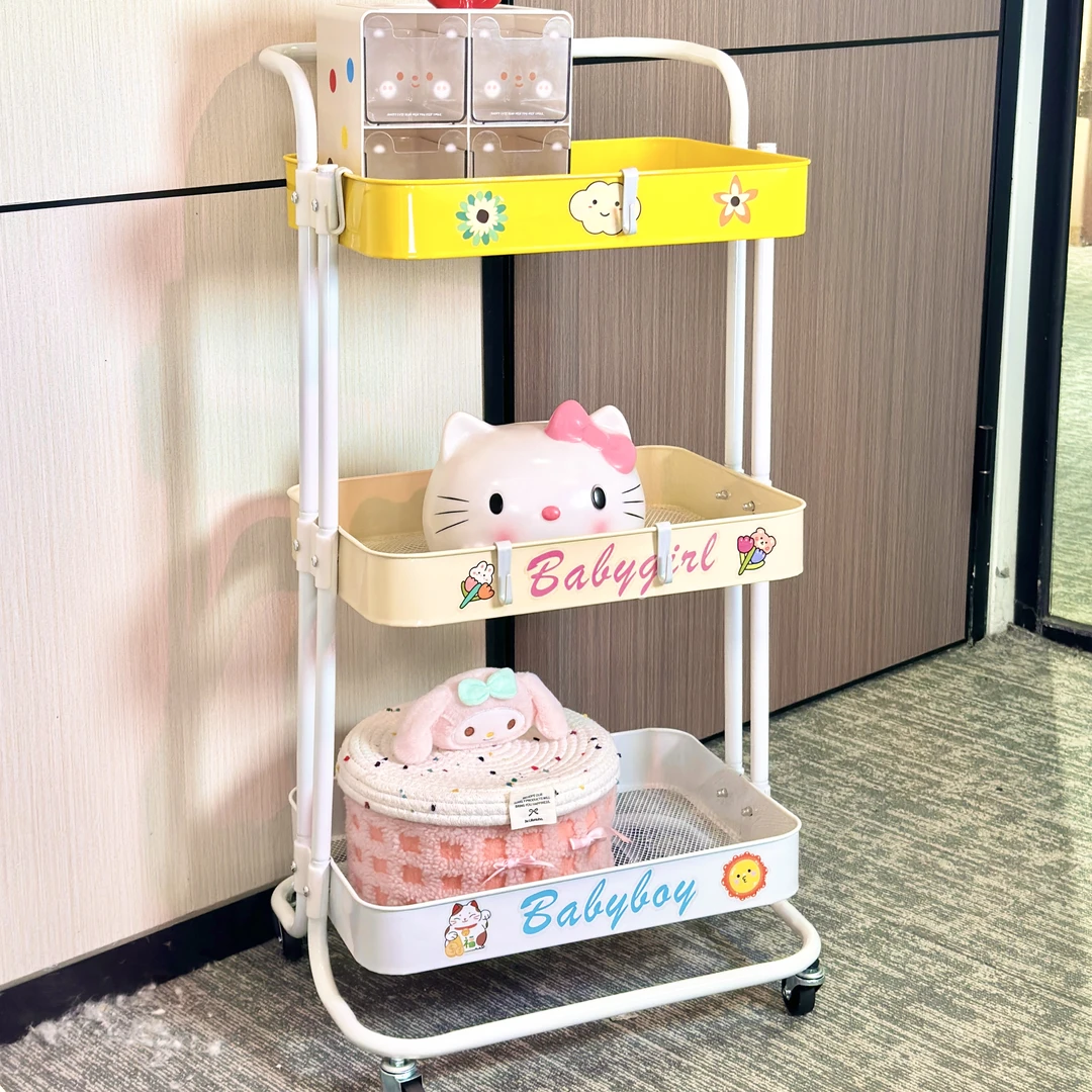 【黄色拼色送贴纸】碳钢拼色小推车置物架可移动收纳架储物客厅卧室