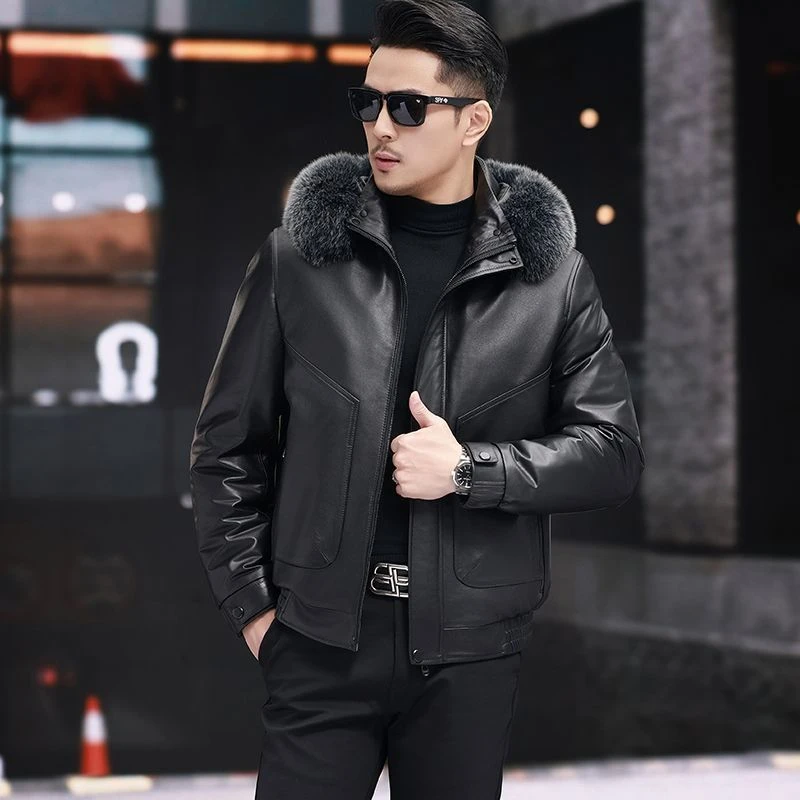 A86132ML海宁真皮皮衣男头层小牛皮脱鹅绒内胆脱卸帽真皮皮草厚