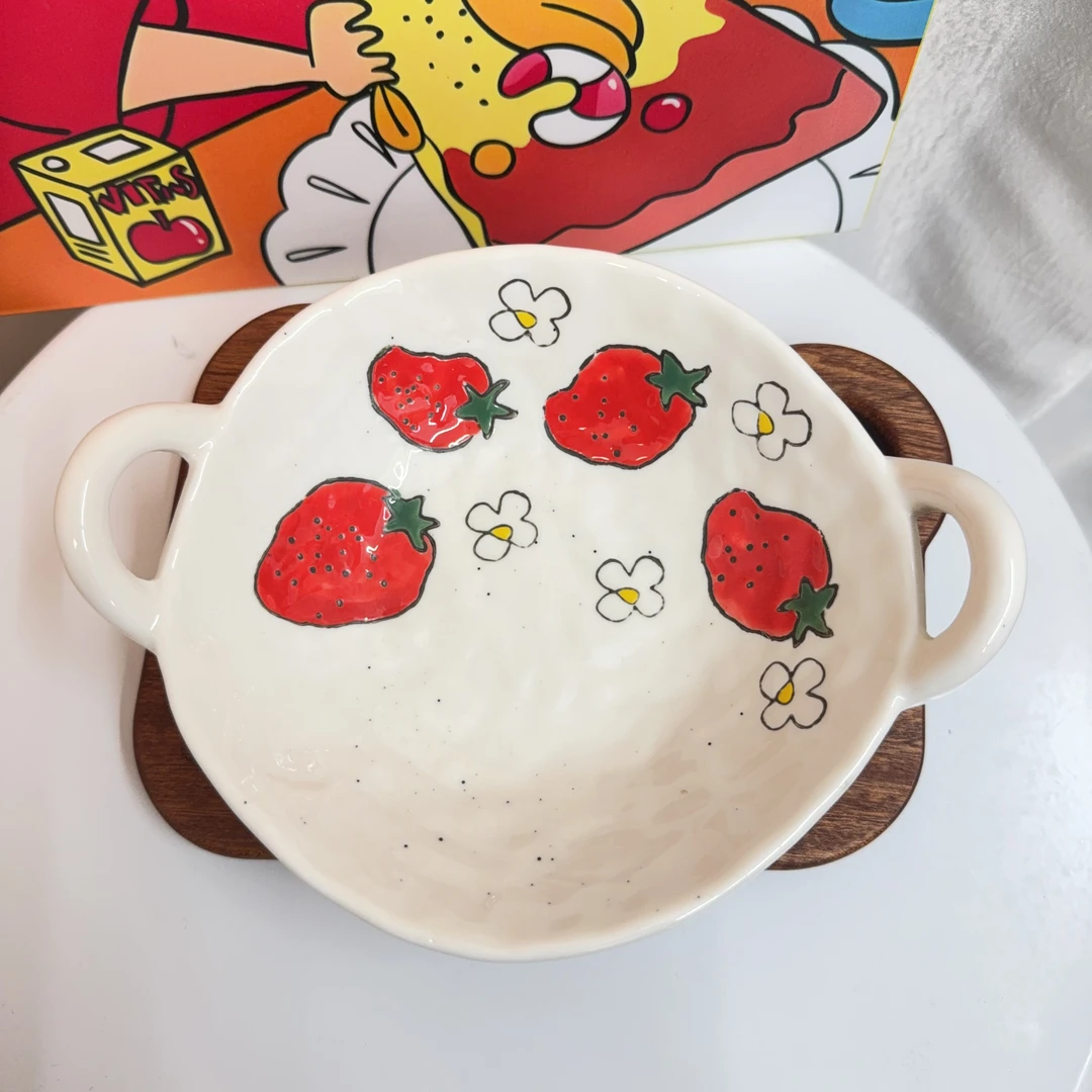 手绘双耳碗陶瓷拌饭碗韩式微波炉专用碗烤箱碗面碗深盘子感