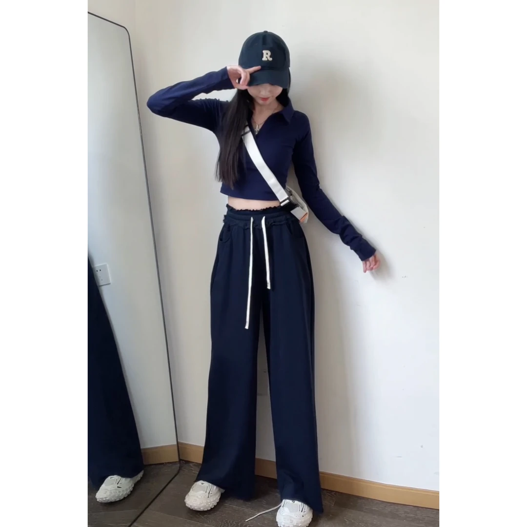 运动高腰宽松显瘦休闲裤女2025新款阔腿拖地卫裤潮ins