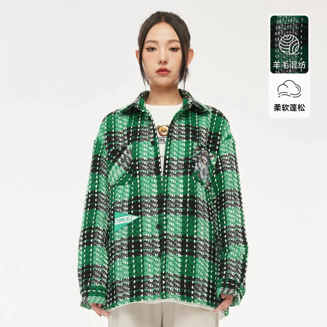 TSMLXLT 商场同款24秋新款绿黑撞色格纹时髦情侣夹克外套