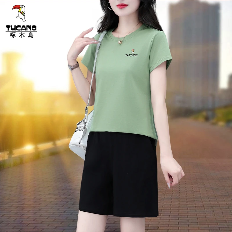【官方正品】啄木鸟短裤运动套装女夏季新款休闲服中年妈妈两件套