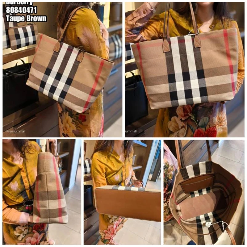 【七夕好礼】BBR/博柏丽 女士棕色帆布配牛皮饰边内附夹层手提包