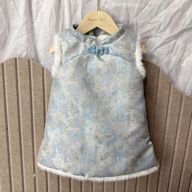 女童旗袍拜年服 2024冬季新款宝宝蓝织锦提花国风旗袍连衣裙