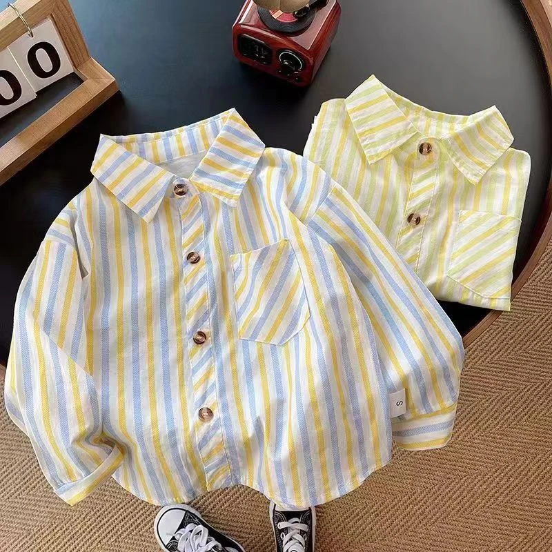 2025新款春秋儿童条纹衬衫韩版男童休闲翻领衬衣洋气休闲百搭上衣