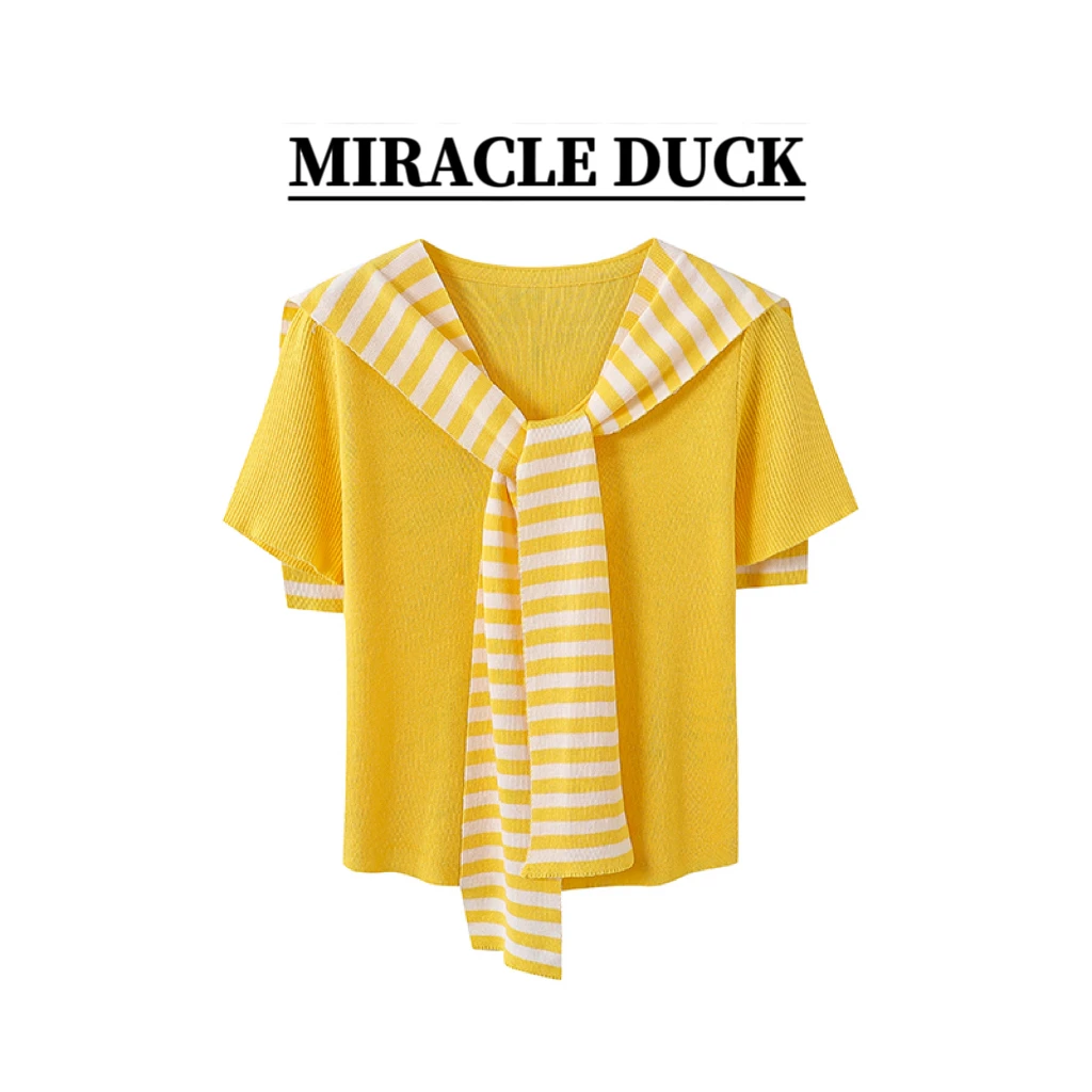 2号【黄色海军领】 夏季海军领撞色条纹拼接真两件短袖针织衫C1591