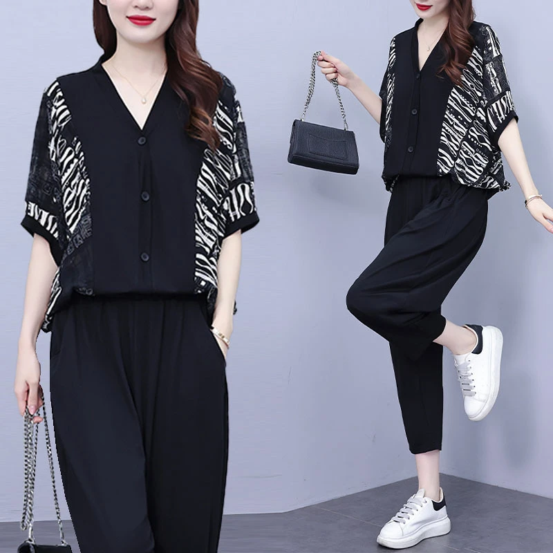胖mm显瘦遮肉套装2025夏季短袖V领上衣+阔腿裤洋气减龄大码两件套