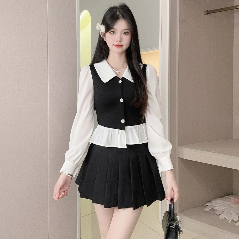 拼接撞色假两件衬衫薄款翻领小众针织衬衣减龄显瘦百搭秋季新款