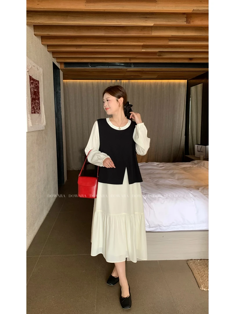 现货6812D大婉酱肉肉微胖定制【贵气小姐】圆领出游假两件连衣长裙