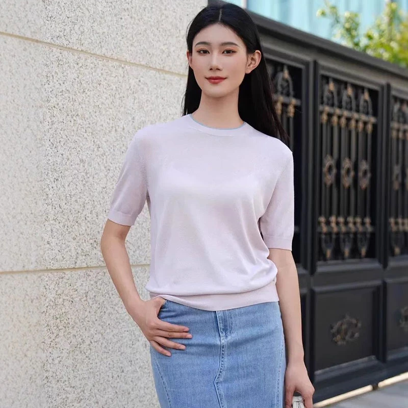 【商场同款】简约精致圆领细闪假两件针织衫减龄撞色短袖T恤138010