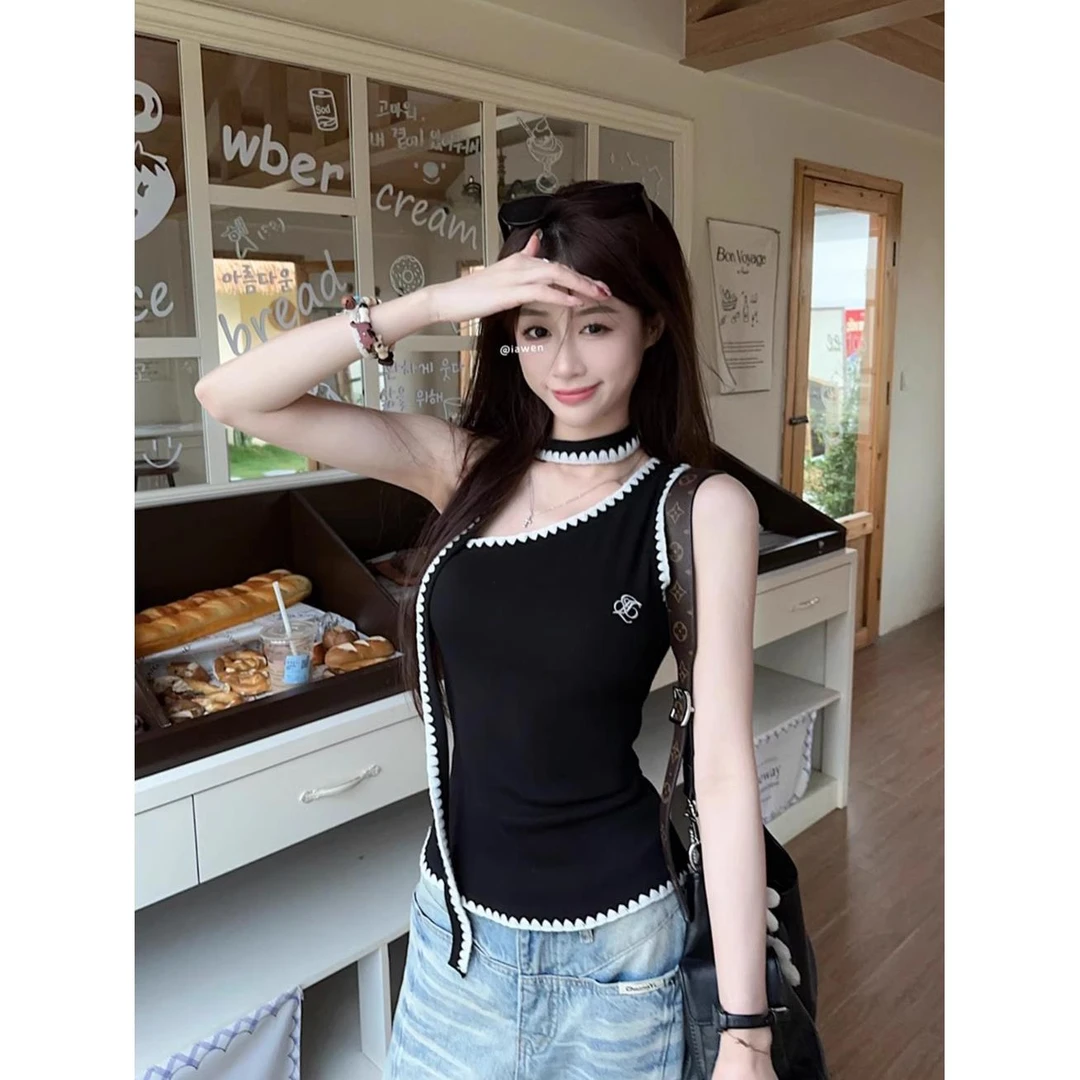 甜美风新款拼接撞色斜肩T恤女夏季修身显瘦字母刺绣修身百搭上衣