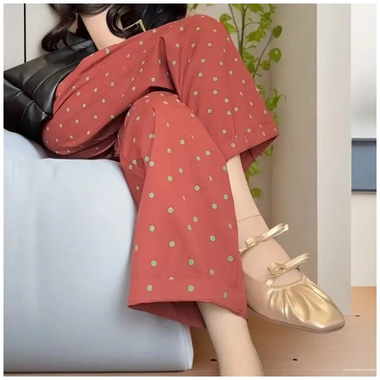 2025薄款显廋版型波点设计直筒裤松紧腰妈妈系带裤子