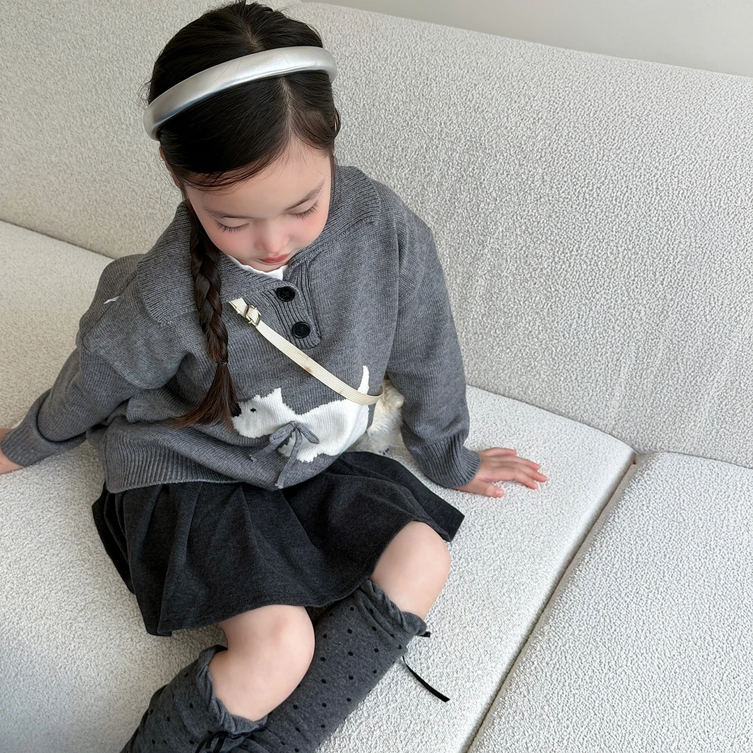 简约女童秋装套装2025新款女孩秋季时髦翻领针织衫儿童洋气百褶裙