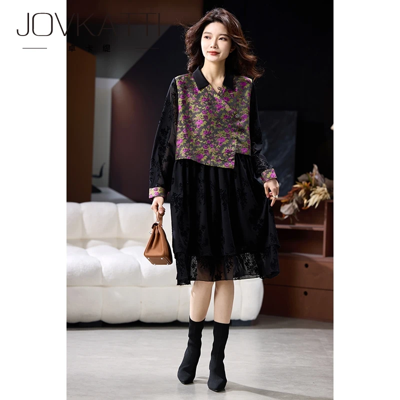 Jovkatti卓卡缇时尚印花假两件连衣裙女2025年早秋新款黑色裙子