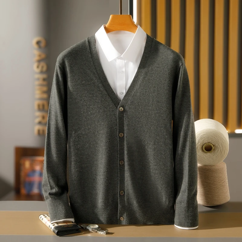 秋冬V领中厚羊绒开衫男士100%精纺纯山羊绒针织毛衣青年休闲宽松