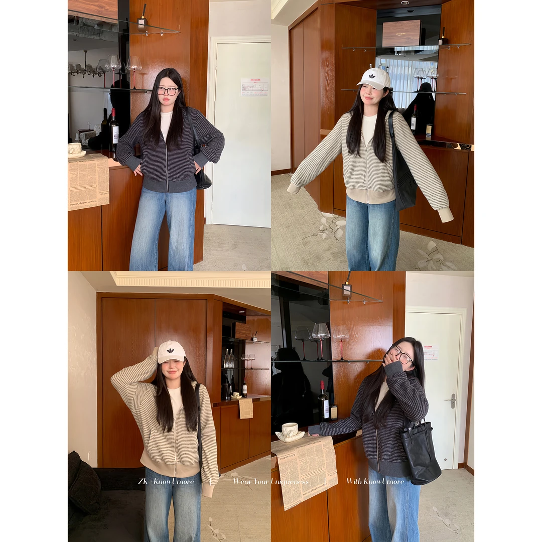 知葵微胖定制【云感外套】初秋韩版条纹连帽磨毛感短外套12254D0146