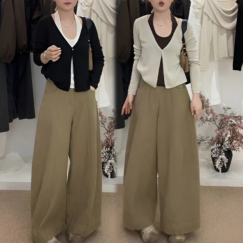 韩系假两件拼接挂脖长袖针织上衣女2025春秋新款气质直筒裤两件套