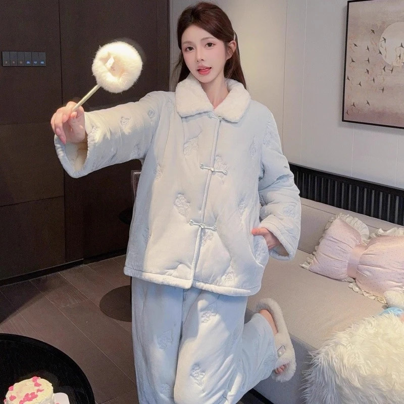 新中式三层夹棉睡衣女士秋冬款甜美保暖加绒加厚国风外穿家居服