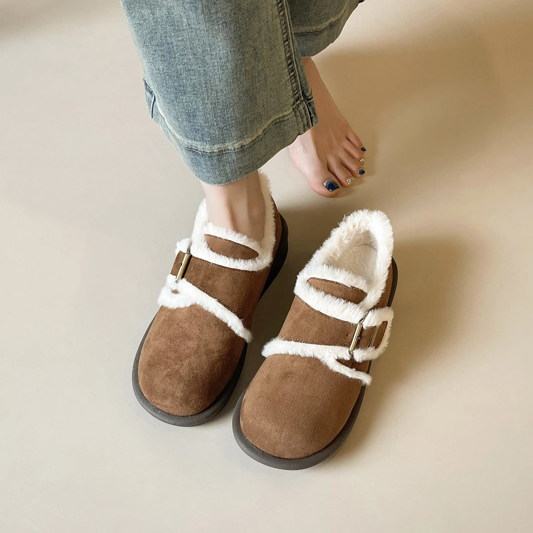 -保暖加绒厚底棉鞋毛毛扣带勃肯雪地靴女冬季新款