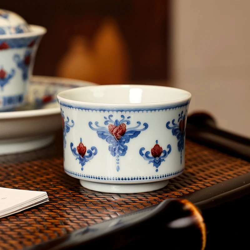 【墨舍名窑】屹朴青花釉里红敦煌水纹边角纹饰马蹄杯 yipu1266