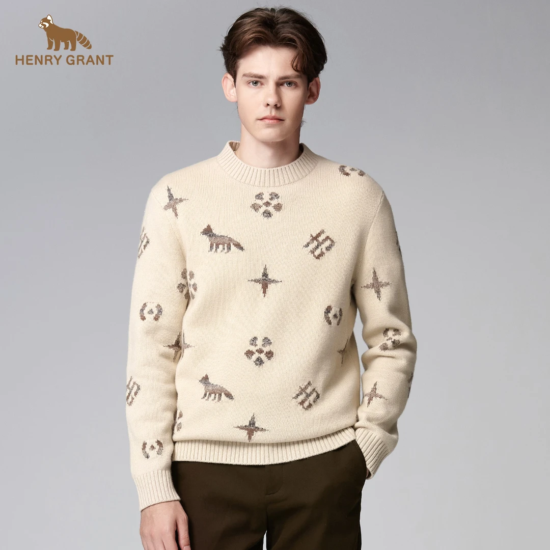 亨利格兰冬季提花宽松圆领保暖毛衣秋季绒衫针织衫男士标准时尚秋