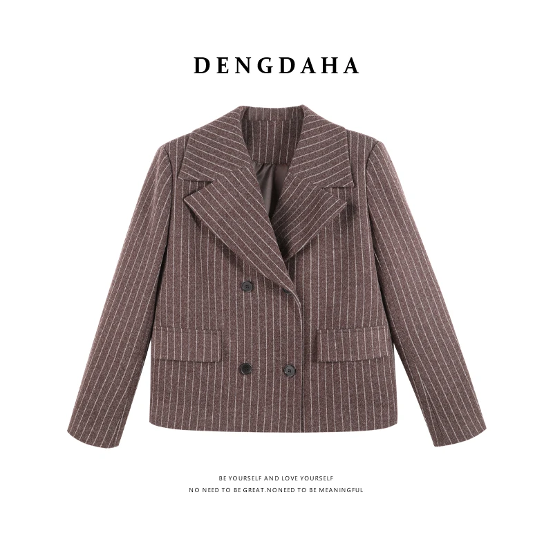 DENGDAHA「高干女主」复古风大翻领条纹西装版型毛呢外套HBZW800066