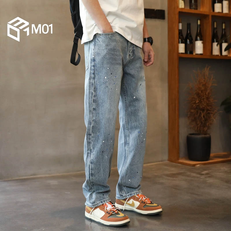 M01漆点牛仔裤男士直筒宽松裤子潮牌新款复古美式高街休闲春秋款