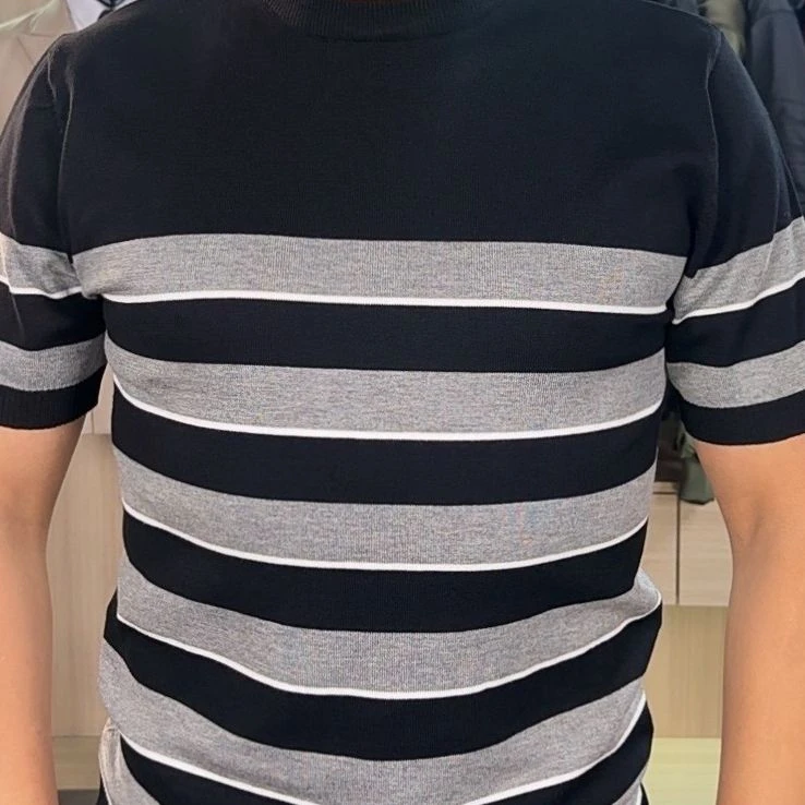 akalius休闲半袖条纹黑白男士圆领针织高品质条纹2613