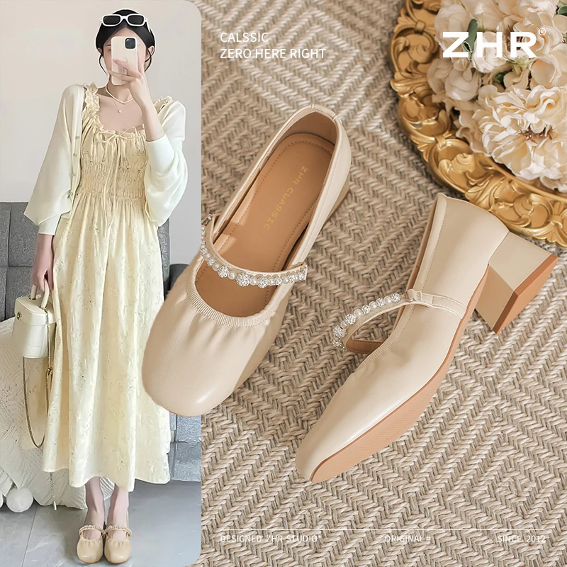 ZHR则则法式裙子2025春款女士新款时髦休闲女鞋舒适浅口粗跟单鞋