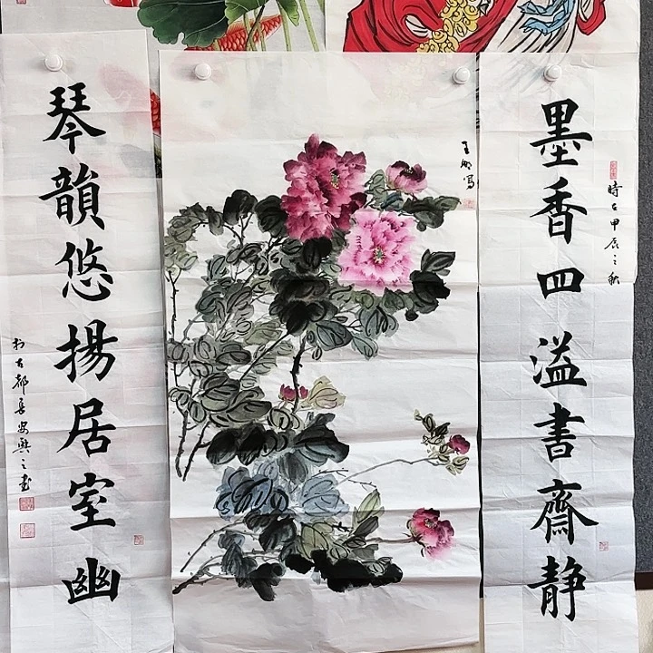 国画王娜四尺牡丹中堂手绘（送对联