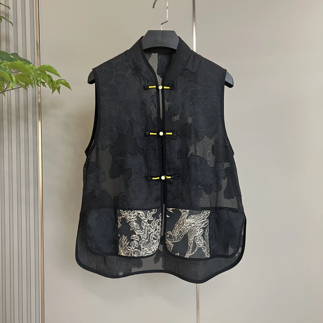 599马甲V领常规宽松型马夹上衣网红复古新中式无袖夏季提花