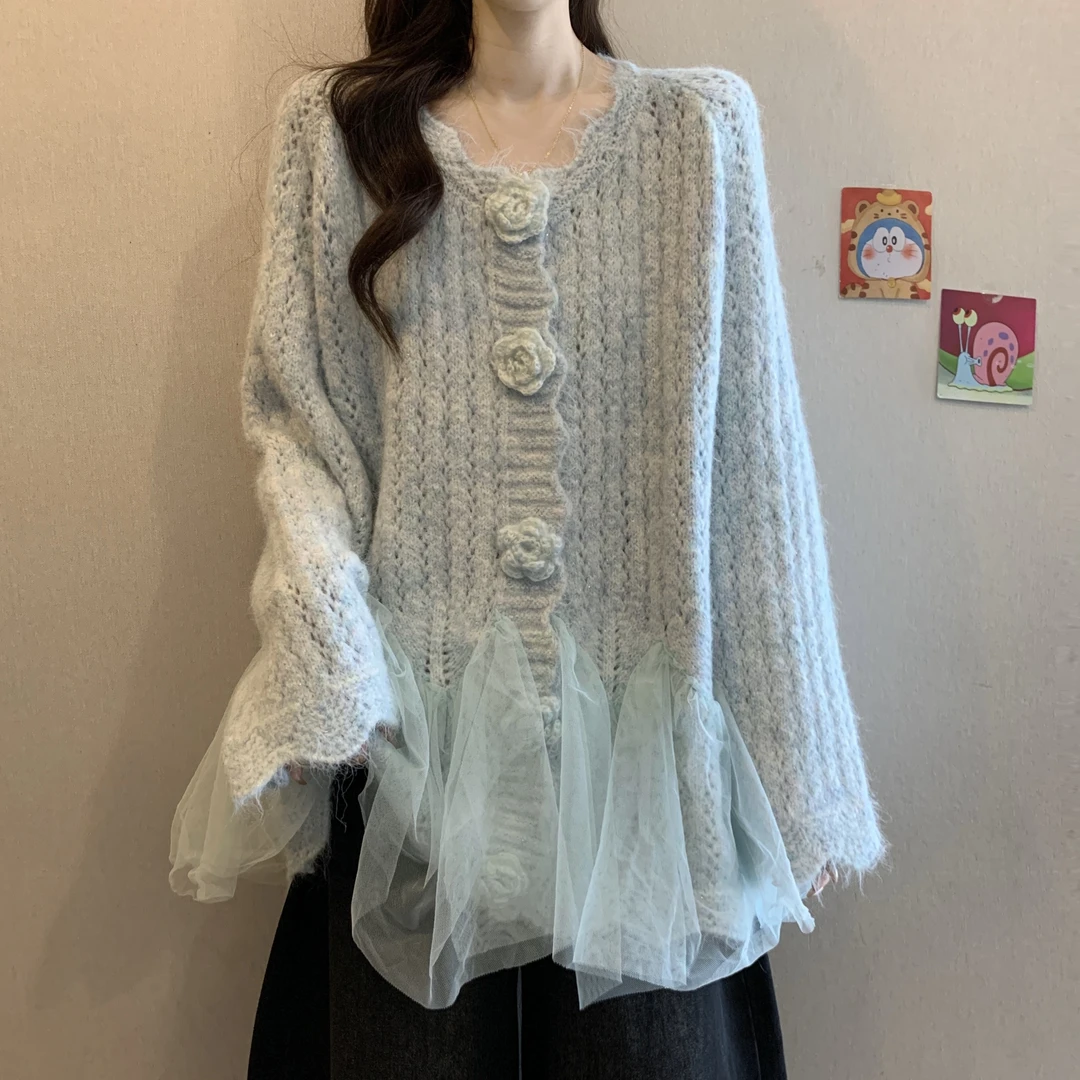 网纱拼接立体花朵长袖毛衣女秋季新款大码胖mm宽松慵懒风针织上衣