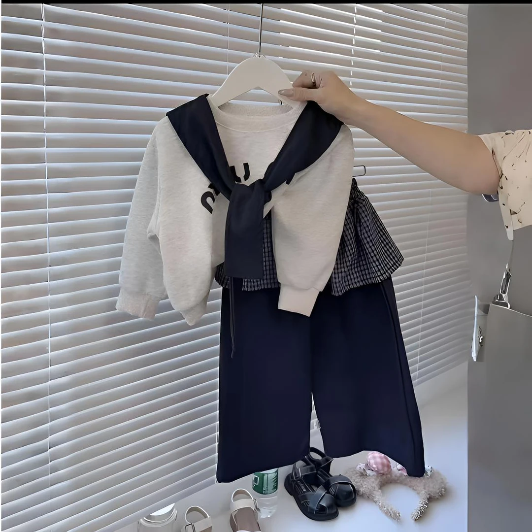 女童屁帘直筒裤套装2025秋季新款童装儿童宝宝韩版甜酷阔腿裤套装